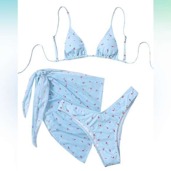 SOLY HUX 3 Piece Triangle Bikini Set with Mesh Cover Up Beach Skirt Blue Floral - Picture 2 of 11